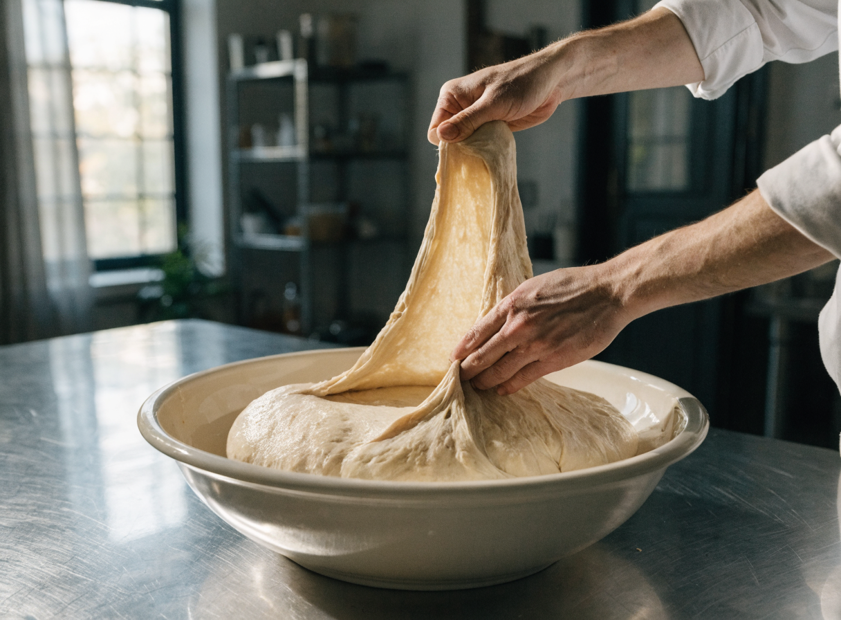 Easy Homemade Sourdough Bread step 2 - A photorealistic wide shot of a baker's