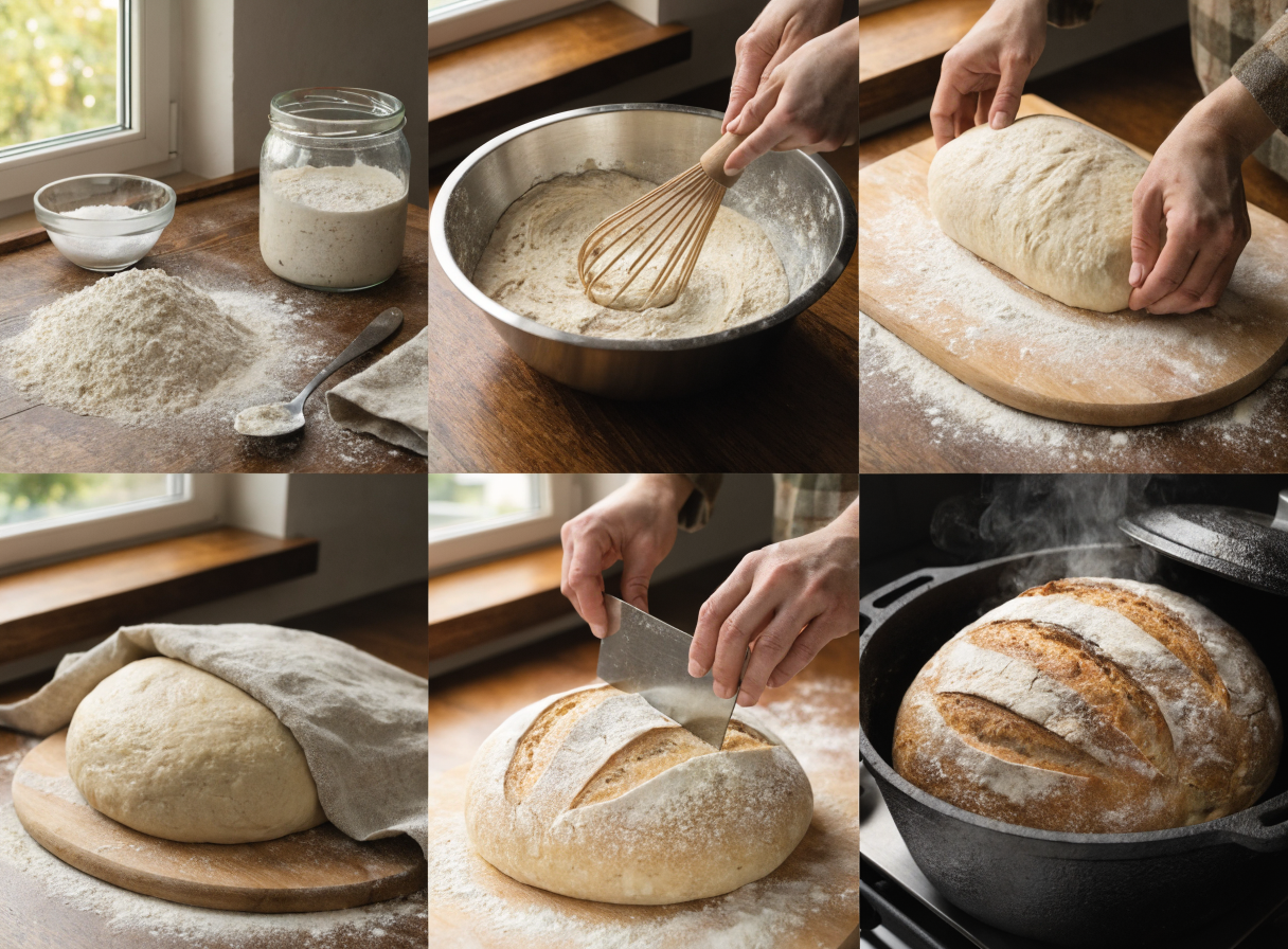 Easy Homemade Sourdough Bread step 3 - A photography collage split into multipl