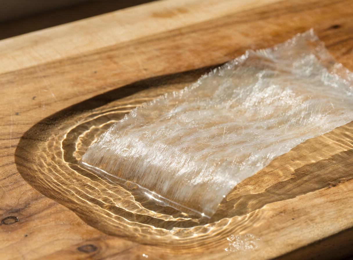 How do you fold rice paper without tearing it? step 1 - Close up, detailed photo of a dry transl