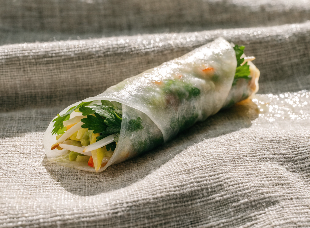 How do you fold rice paper without tearing it? step 2 - Close up, detailed photo of a fresh spri