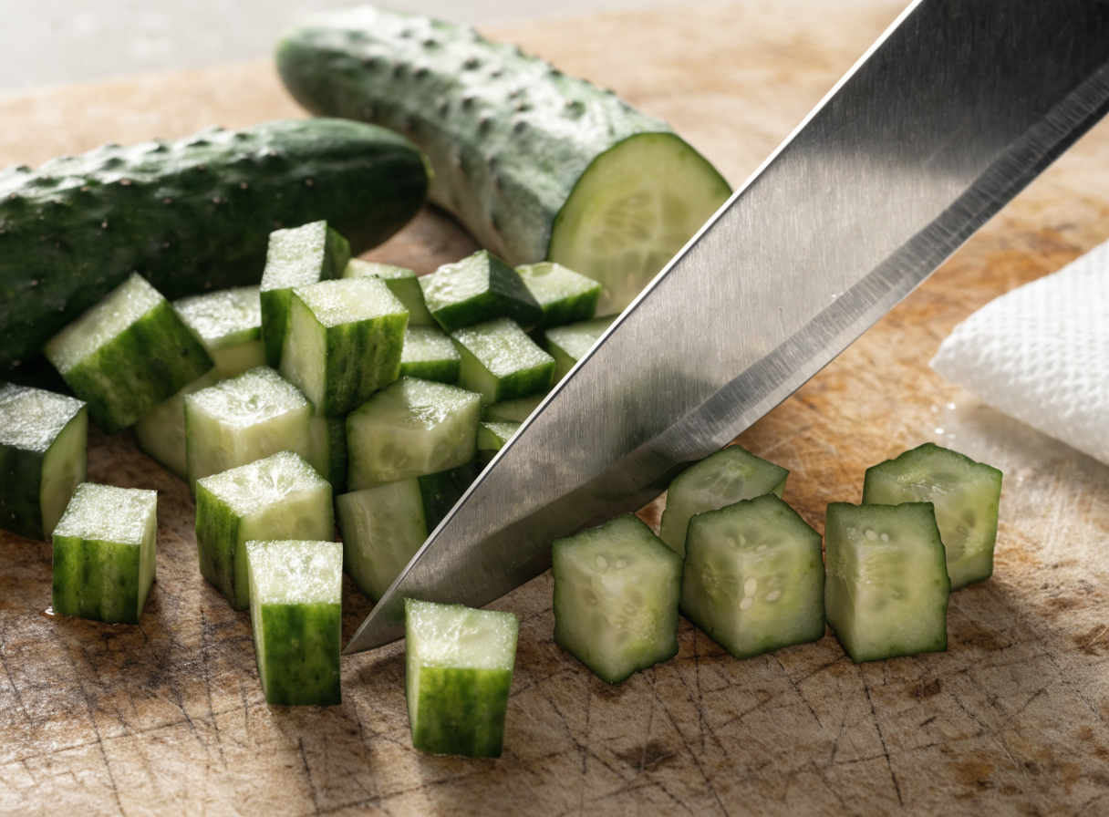 How do you keep a chopped salad from getting soggy? step 1 - Close up, detailed photo of a chef knife