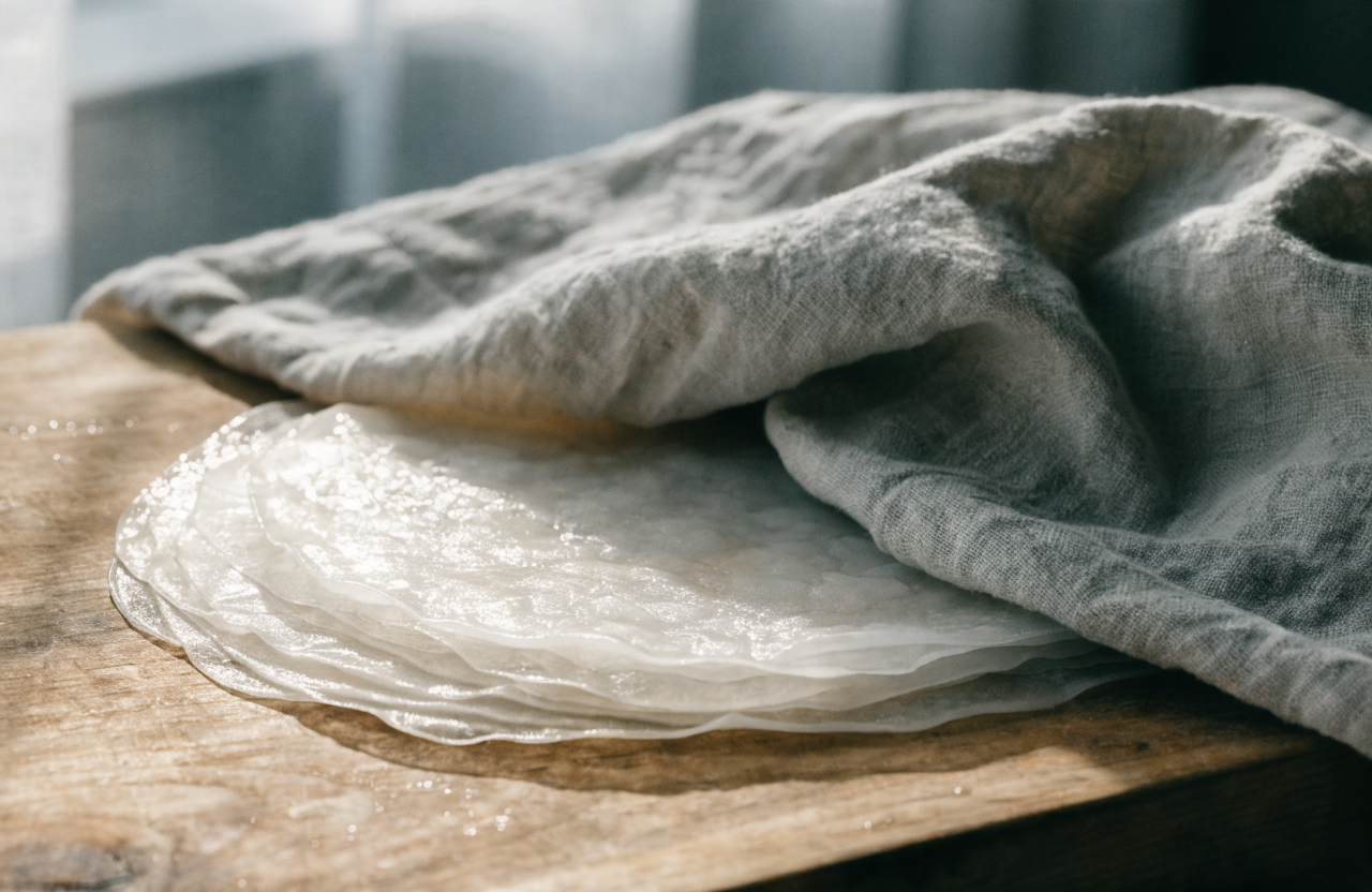 How do you keep rice paper dumplings from sticking? step 1 - Close up photorealistic shot of a damp k