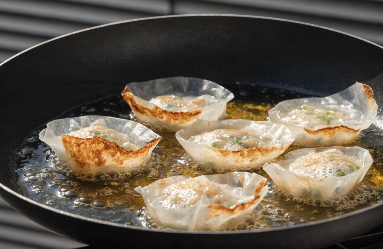 How do you keep rice paper dumplings from sticking? step 2 - Detailed culinary shot of a non-stick sk