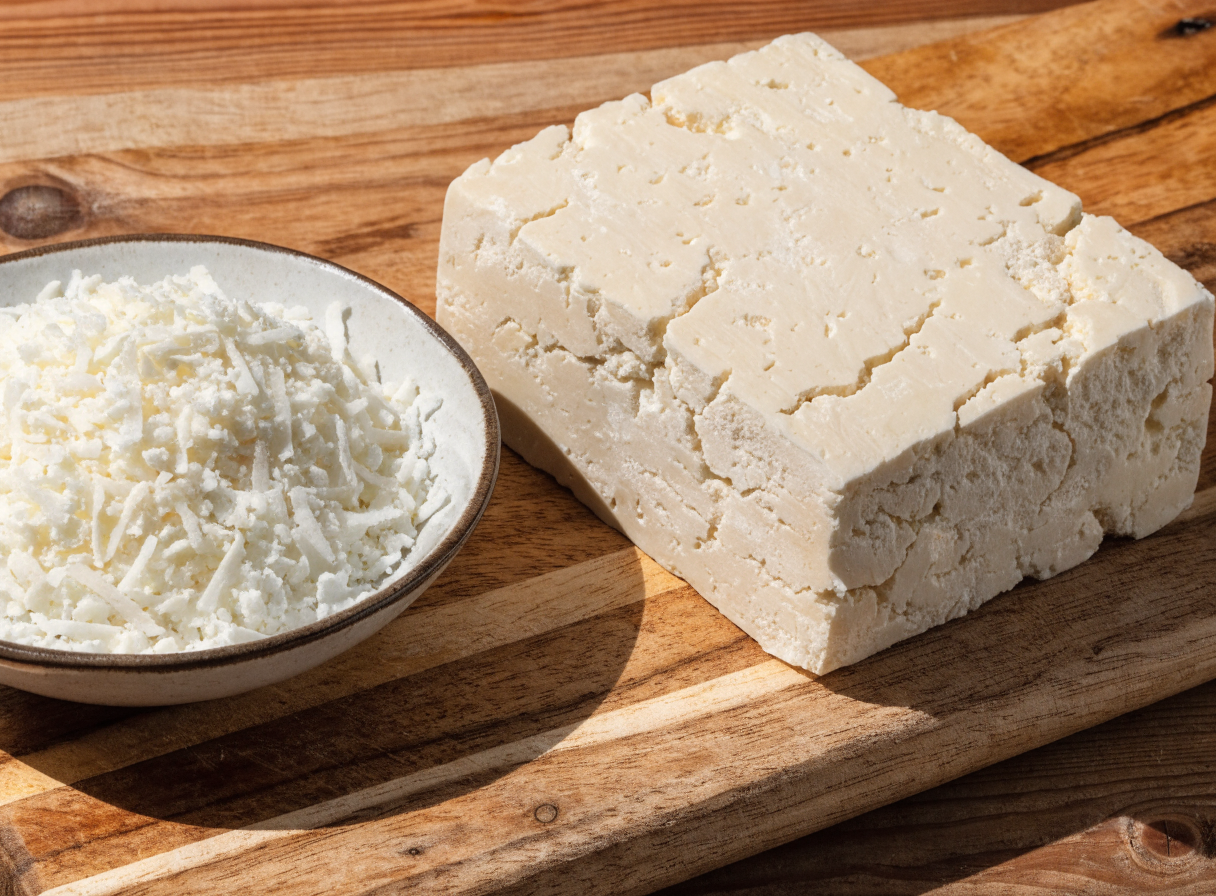 What cheese is best for elote dip if I can't find Cotija? step 1 - A close-up photograph of a block of crum