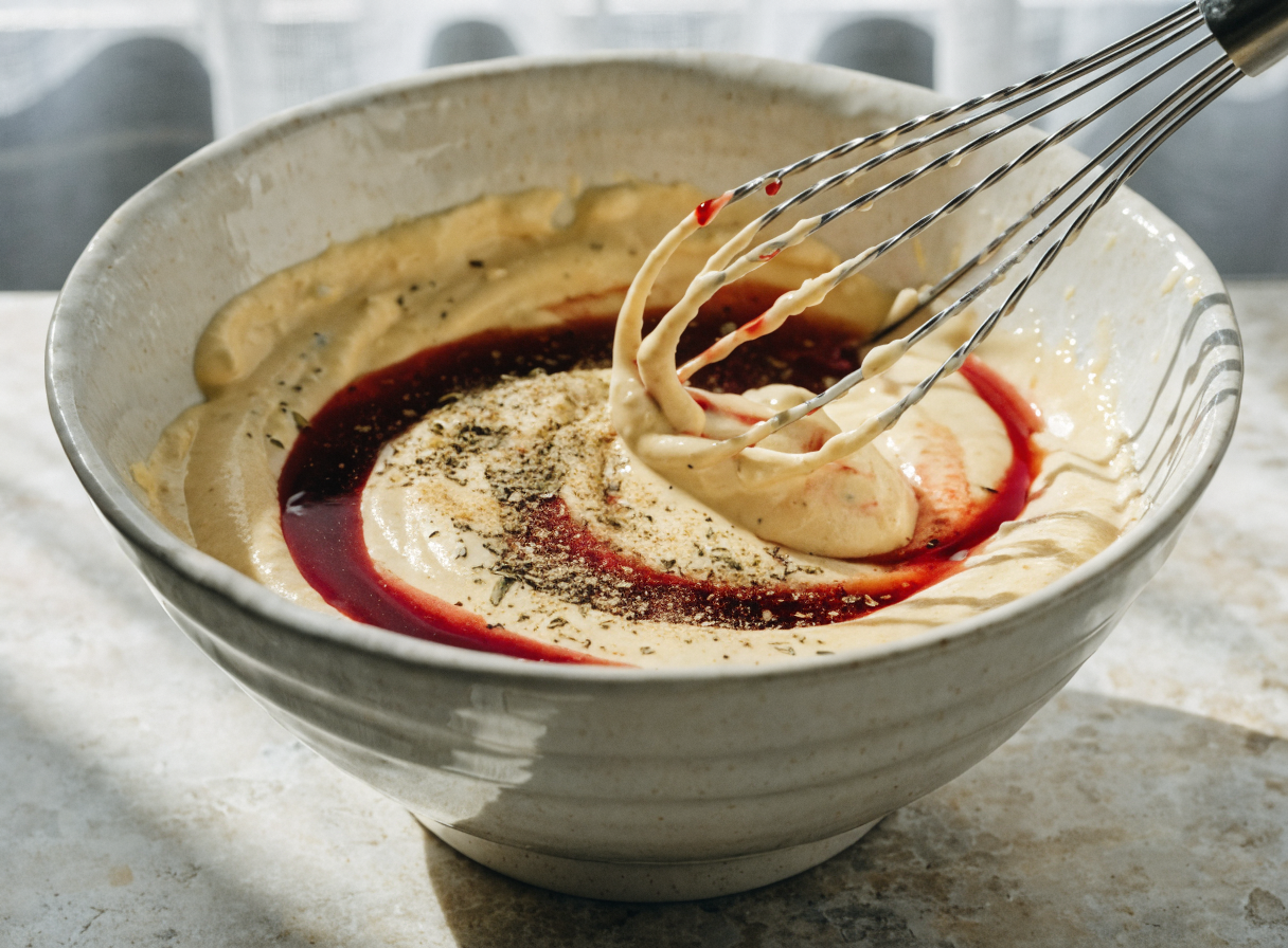 What goes into the viral grinder salad dressing? step 1 - A close-up photograph of mayonnaise and