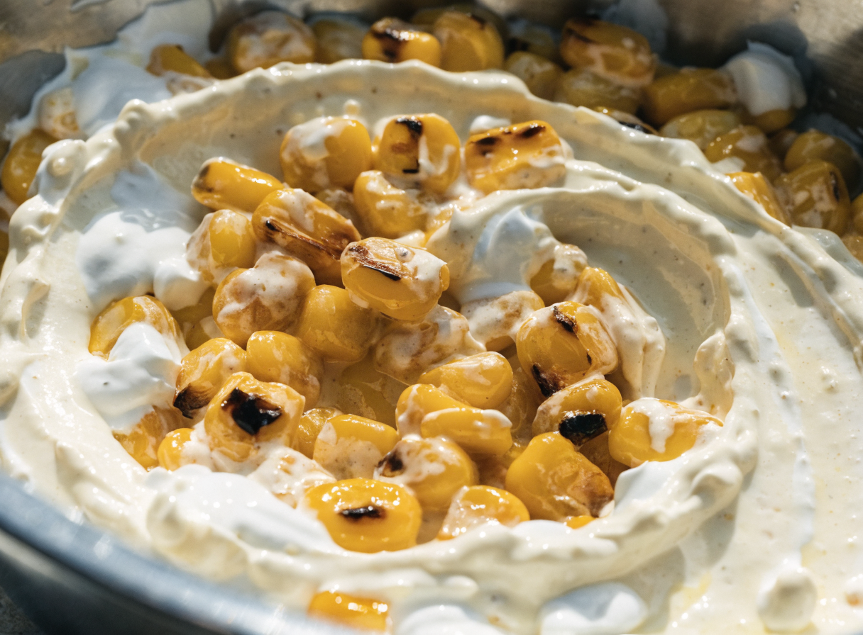 What is elote dip made of? step 1 - Close up photorealistic photo showing ch