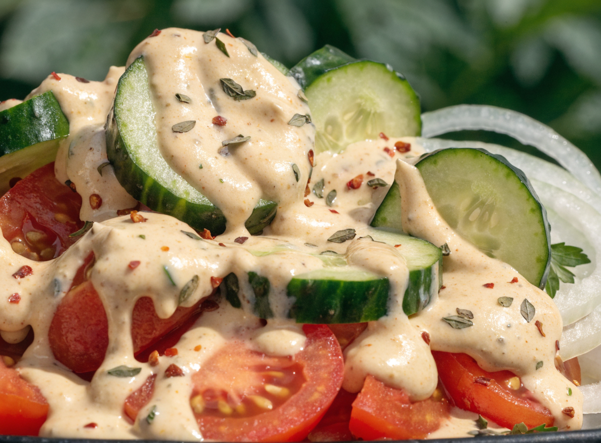 What is in an Italian grinder salad bowl? step 2 - A detailed macro shot of a creamy mayonn