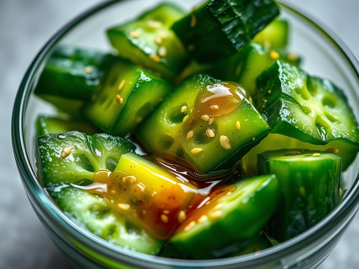 Why do you smash cucumbers in a salad? cooking technique - Macro photograph of freshly smashed cucumber chunks in a glass bowl, g
