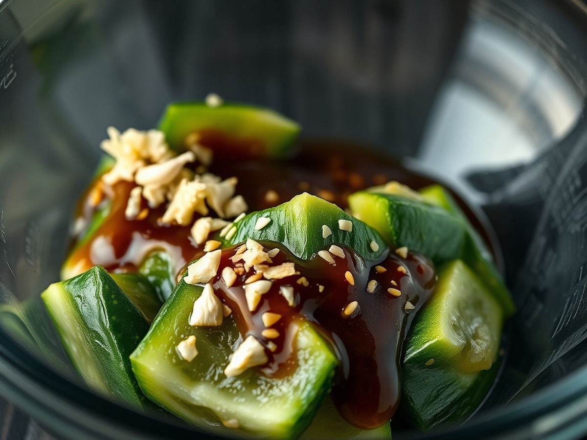 Why do you smash cucumbers in a salad? cooking technique - Detailed food photography shot of minced garlic, soy sauce, and sesame