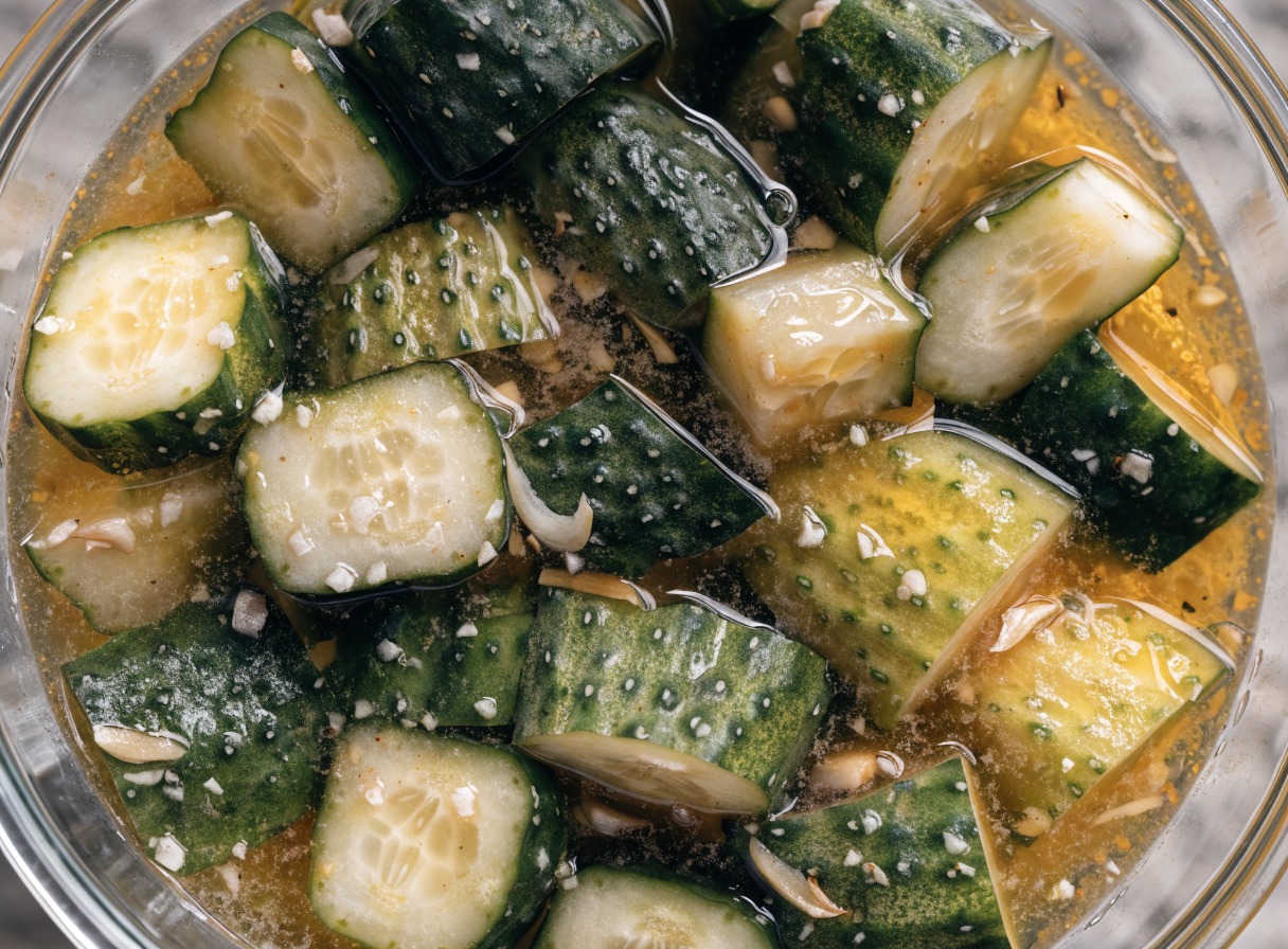 Why do you smash cucumbers in a salad? cooking technique - Detailed top-down shot of irregular, jagged cucumber chunks soaking up