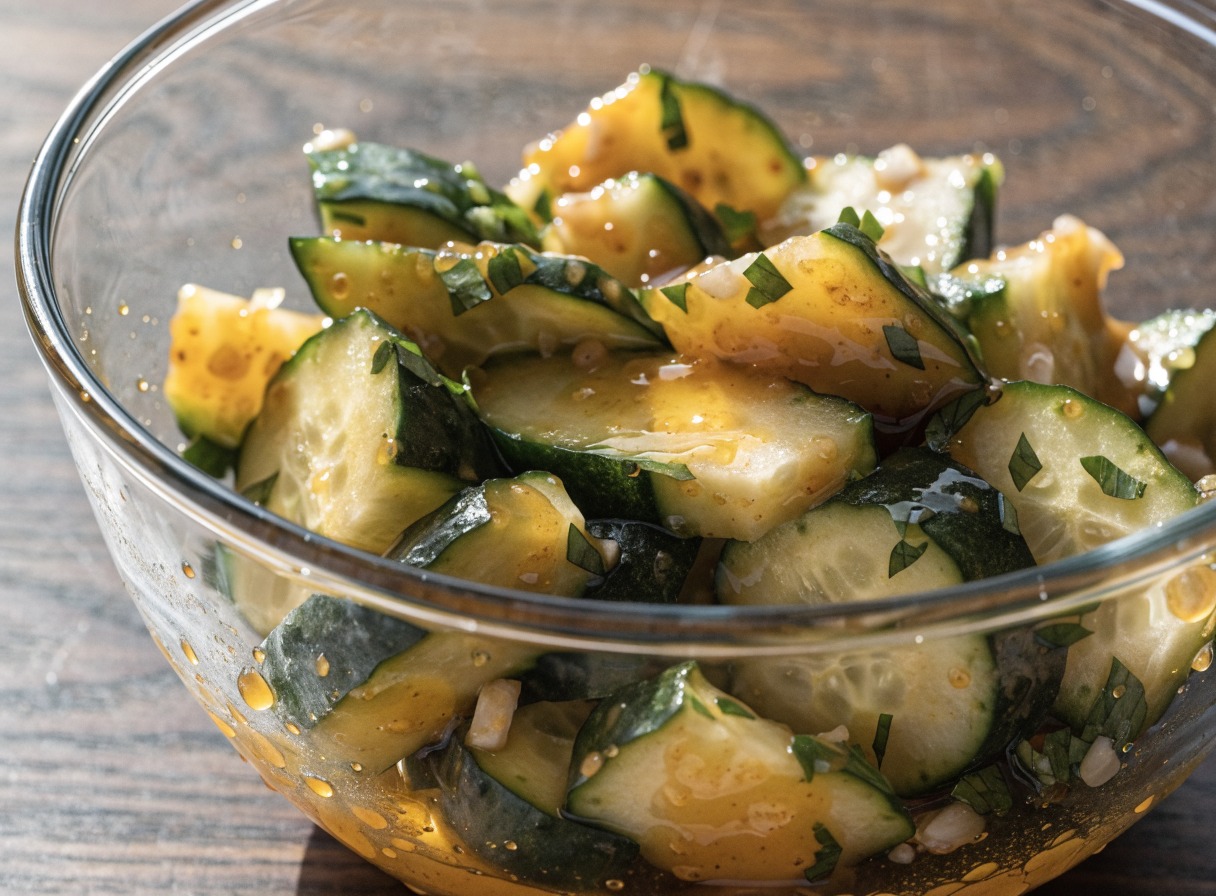 Why do you smash cucumbers in a salad? cooking technique - Detailed food photography of smashed cucumber pieces absorbing a vibra