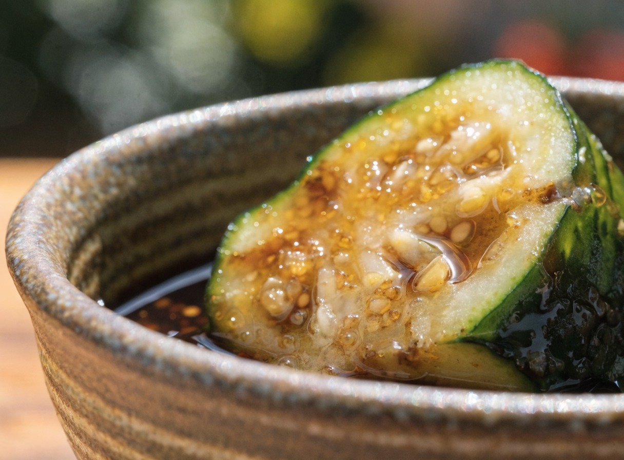 Why do you smash cucumbers in a salad? cooking technique - A macro detail photo of a smashed cucumber piece absorbing garlic oil