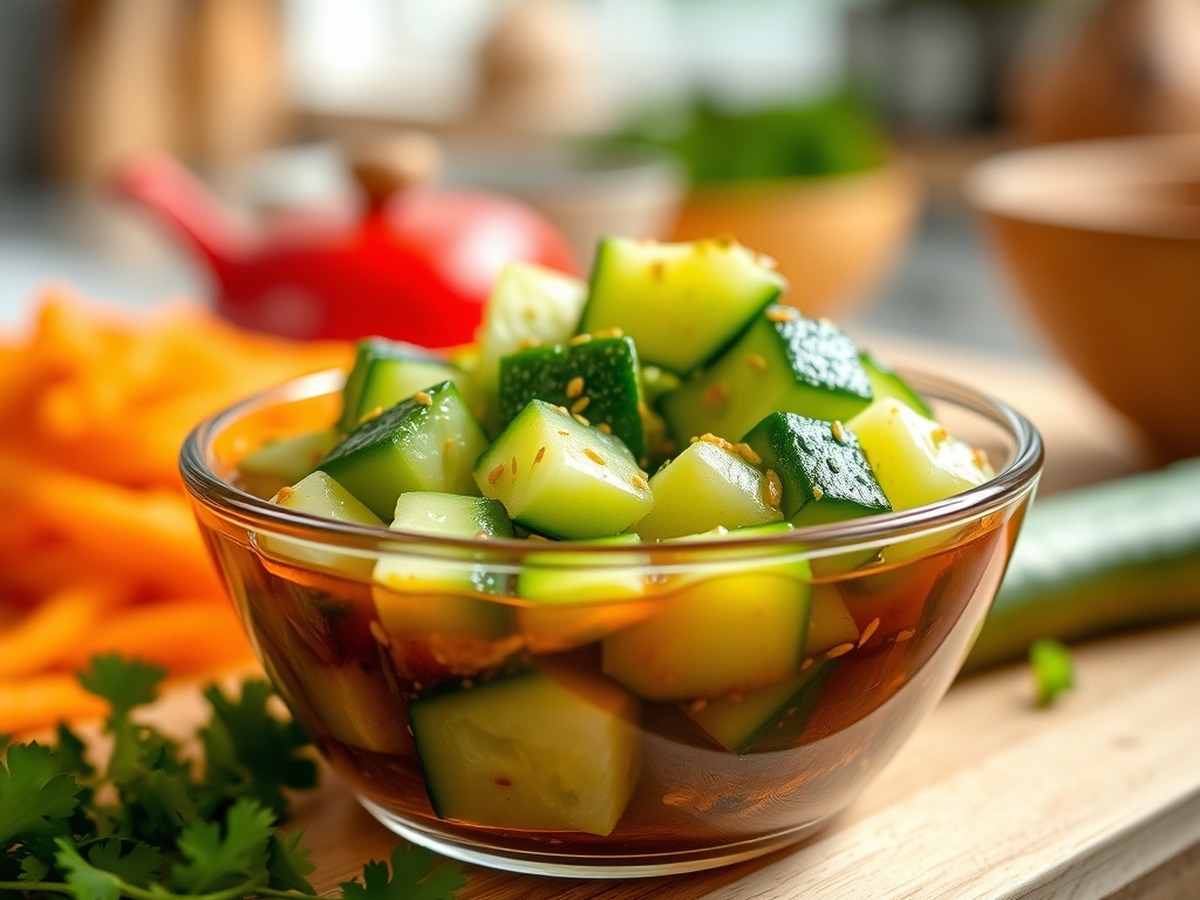 Why do you smash cucumbers in a salad? cooking technique - Detailed food photography of smashed cucumber chunks absorbing a vibra