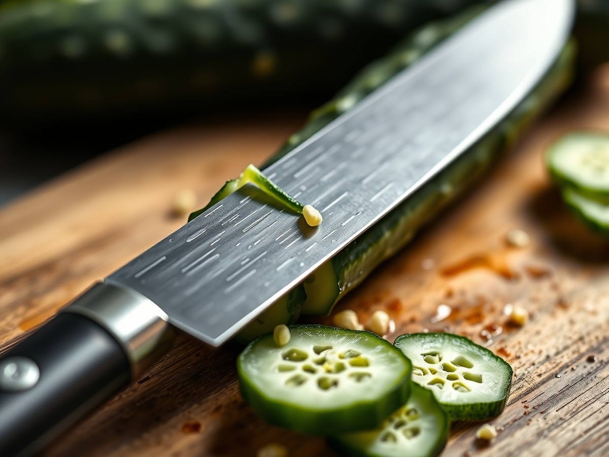 Why do you smash cucumbers in a salad? ingredient mise en place - Close-up detailed food photography of a chef's knife flat blade restin