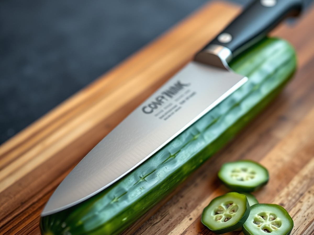 Why do you smash cucumbers in a salad? ingredient mise en place - Close up photorealistic photo of a chef's knife flat resting on a fres