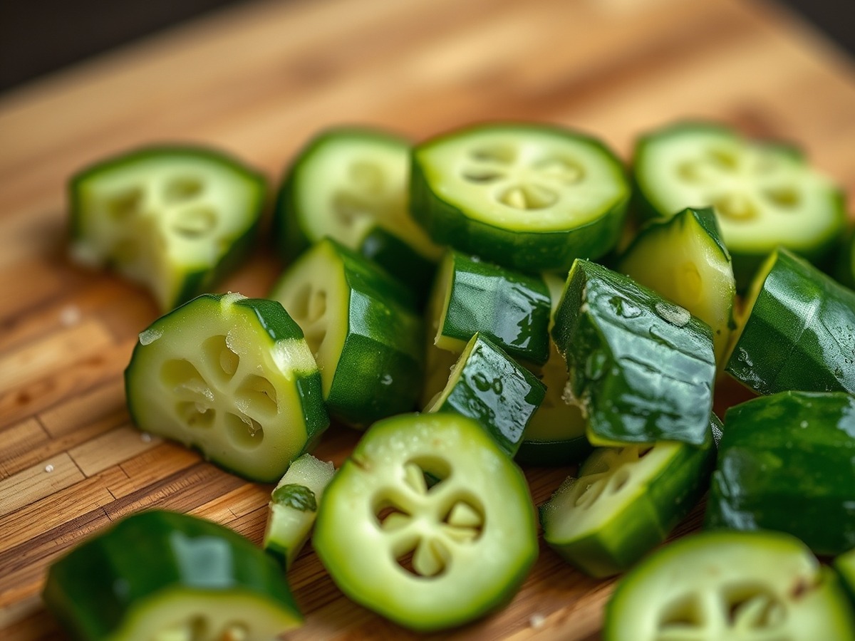 Why do you smash cucumbers in a salad? ingredient mise en place - Close up, detailed photo of a wooden cutting board with freshly cracke