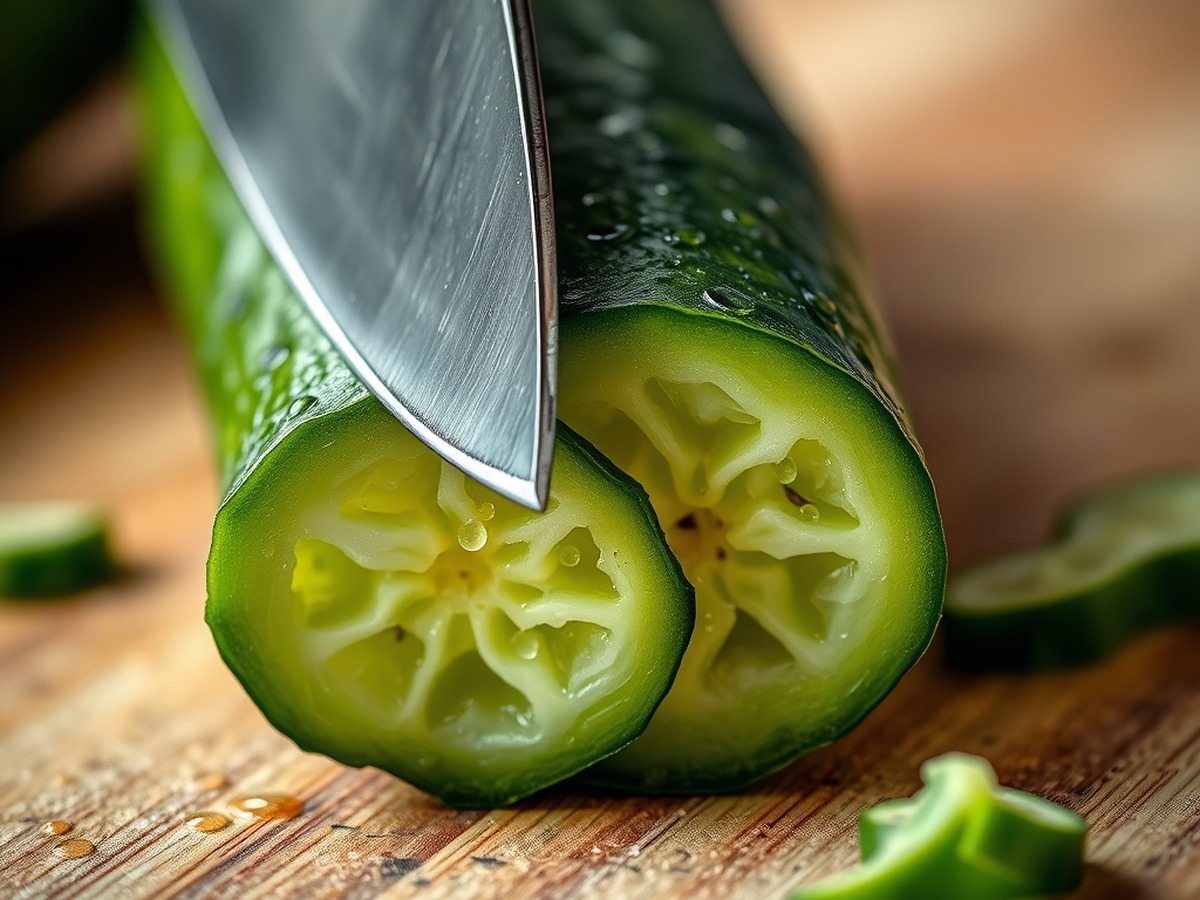 Why do you smash cucumbers in a salad? ingredient mise en place - A detailed macro photo showing a fresh green cucumber being fractured