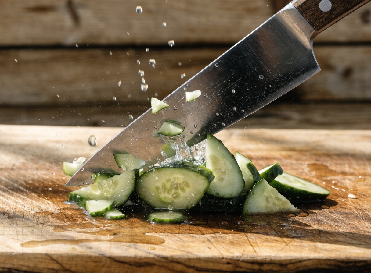 Why do you smash cucumbers in a salad? ingredient mise en place - Close up, detailed photo of a wooden cutting board with a chef knife s