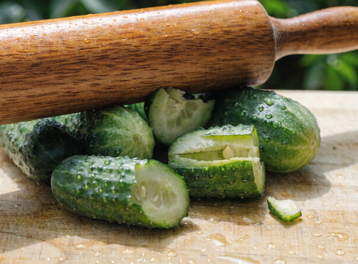 Why do you smash cucumbers in a salad? ingredient mise en place - Close up photorealistic macro shot of a rolling pin cracking open fres