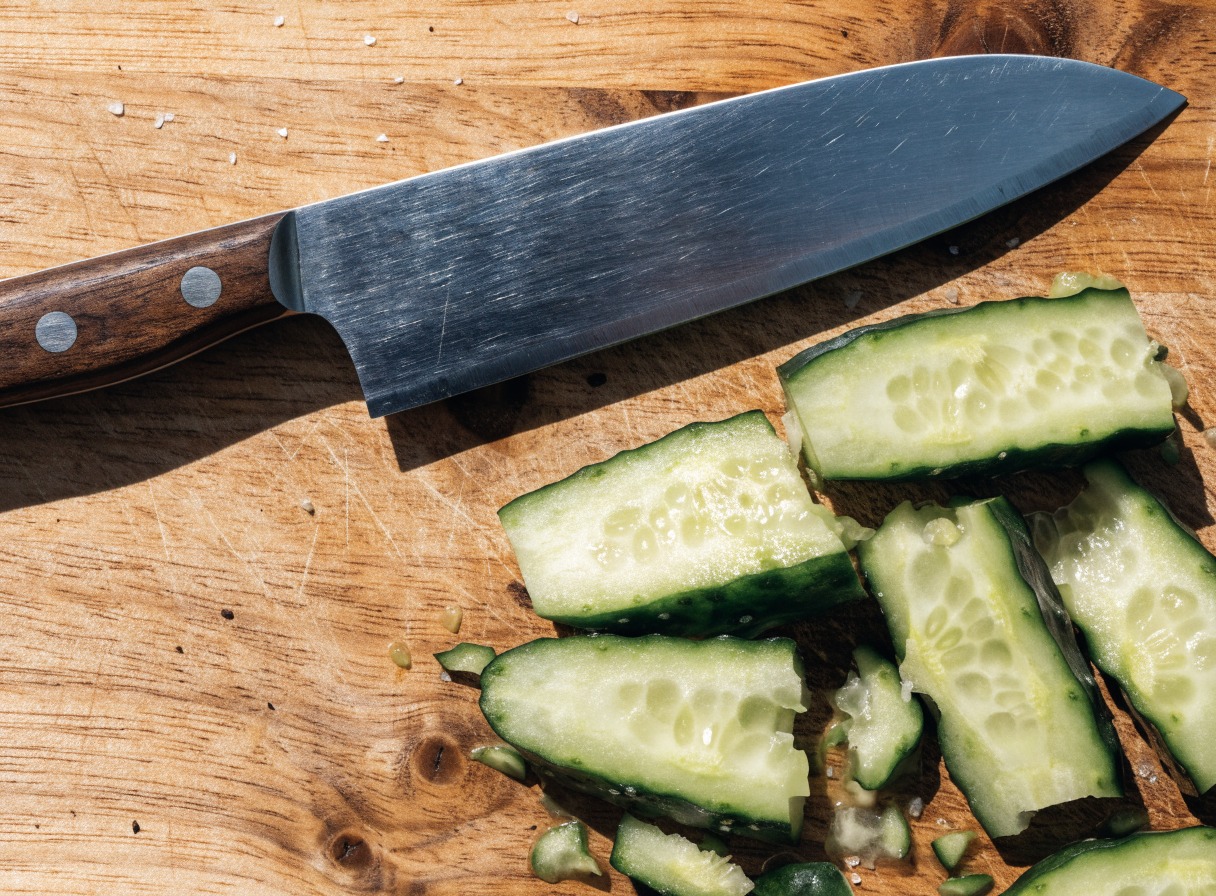 Why do you smash cucumbers in a salad? ingredient mise en place - A close-up photograph of a chef's knife resting on a wooden cutting bo