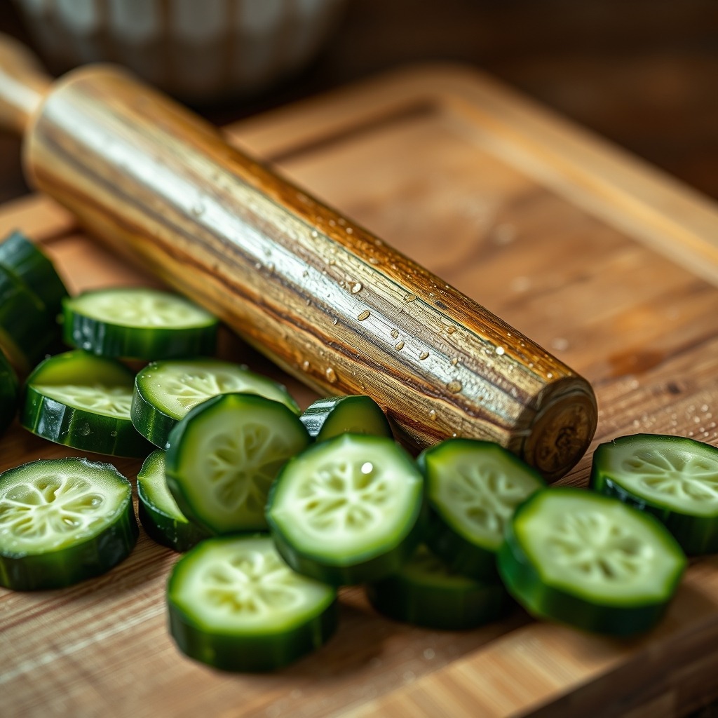 Why do you smash cucumbers in a salad? ingredient mise en place - Close up, detailed photo showing a wooden rolling pin gently crushing