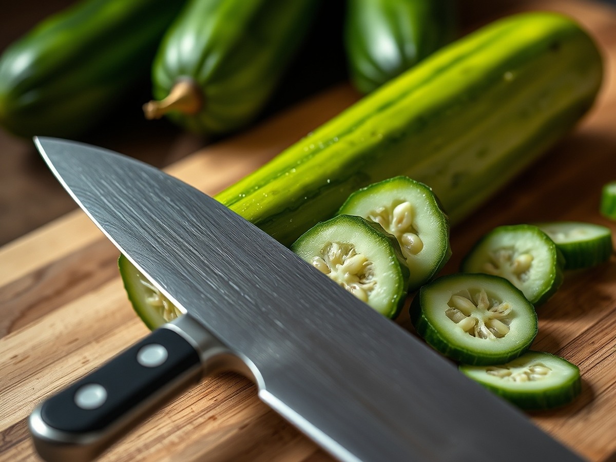 Why do you smash cucumbers in a salad? ingredient mise en place - Close up photorealistic photo of a chef's knife flat resting on a fres