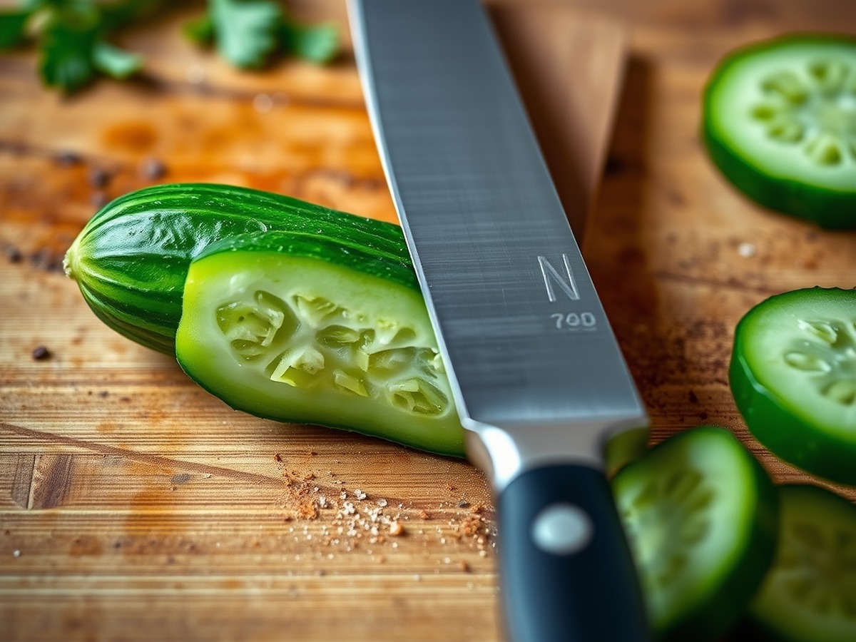 Why do you smash cucumbers in a salad? ingredient mise en place - A close-up photograph of a heavy chef knife flat against a crisp green