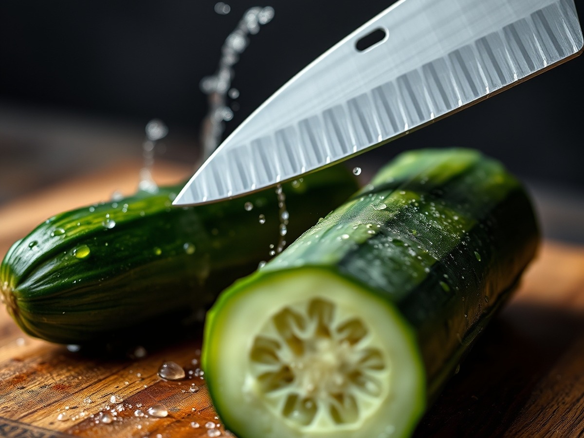 Why do you smash cucumbers in a salad? ingredient mise en place - Close-up detailed photo of a chef's knife flat-pressing and cracking a