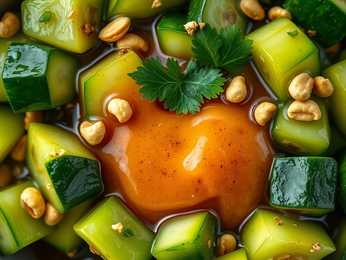 Why do you smash cucumbers in a salad? cooking technique - Detailed photorealistic top-down shot of smashed cucumber chunks absor