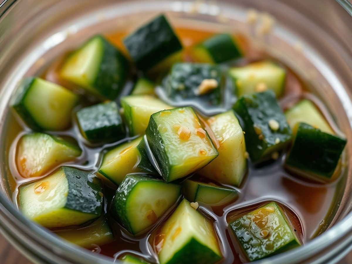 Why do you smash cucumbers in a salad? cooking technique - Detailed culinary shot of freshly smashed cucumber chunks in a glass b