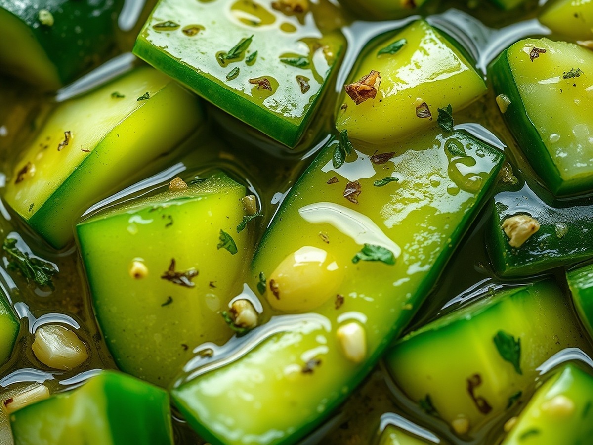 Why do you smash cucumbers in a salad? cooking technique - Detailed photorealistic shot of irregularly torn cucumber pieces absor