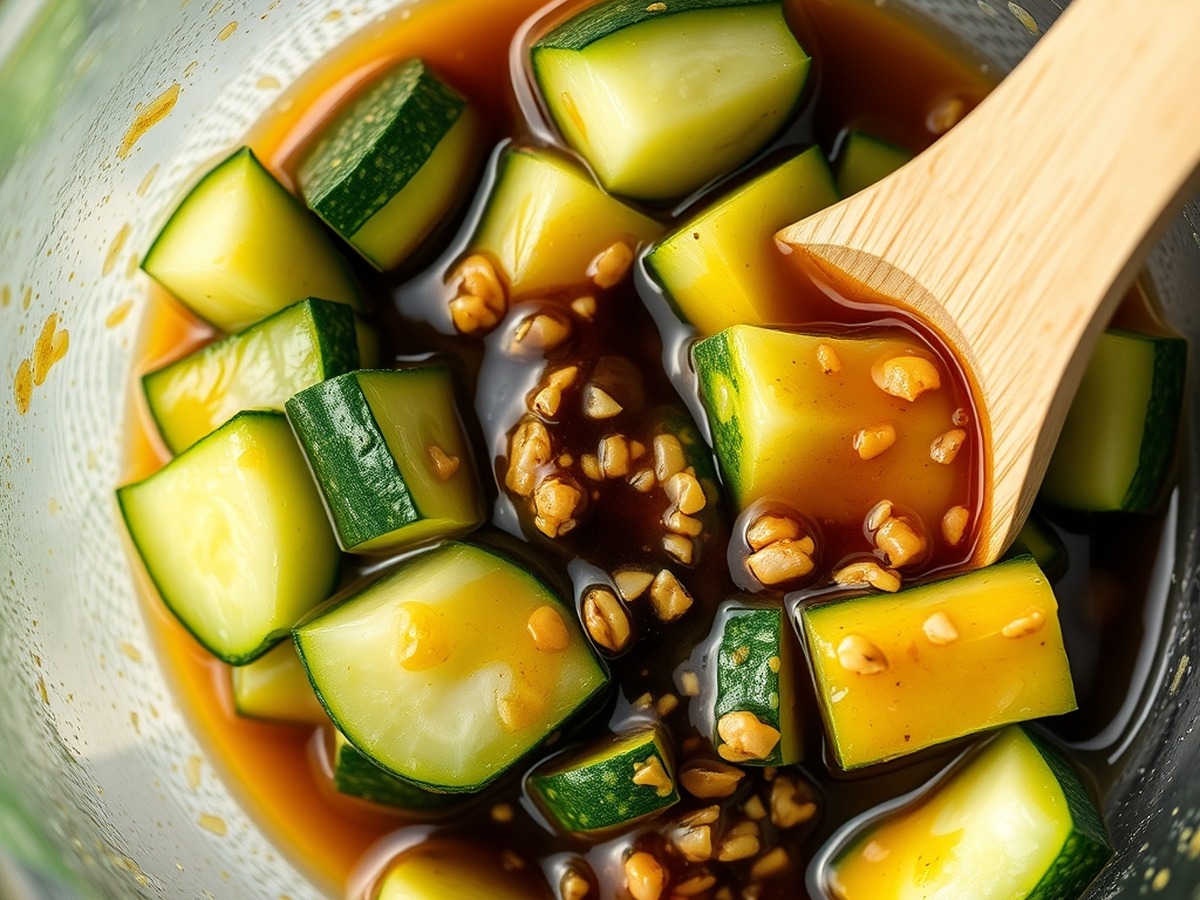 Why do you smash cucumbers in a salad? cooking technique - A detailed top-down view of smashed cucumber pieces absorbing a vibran