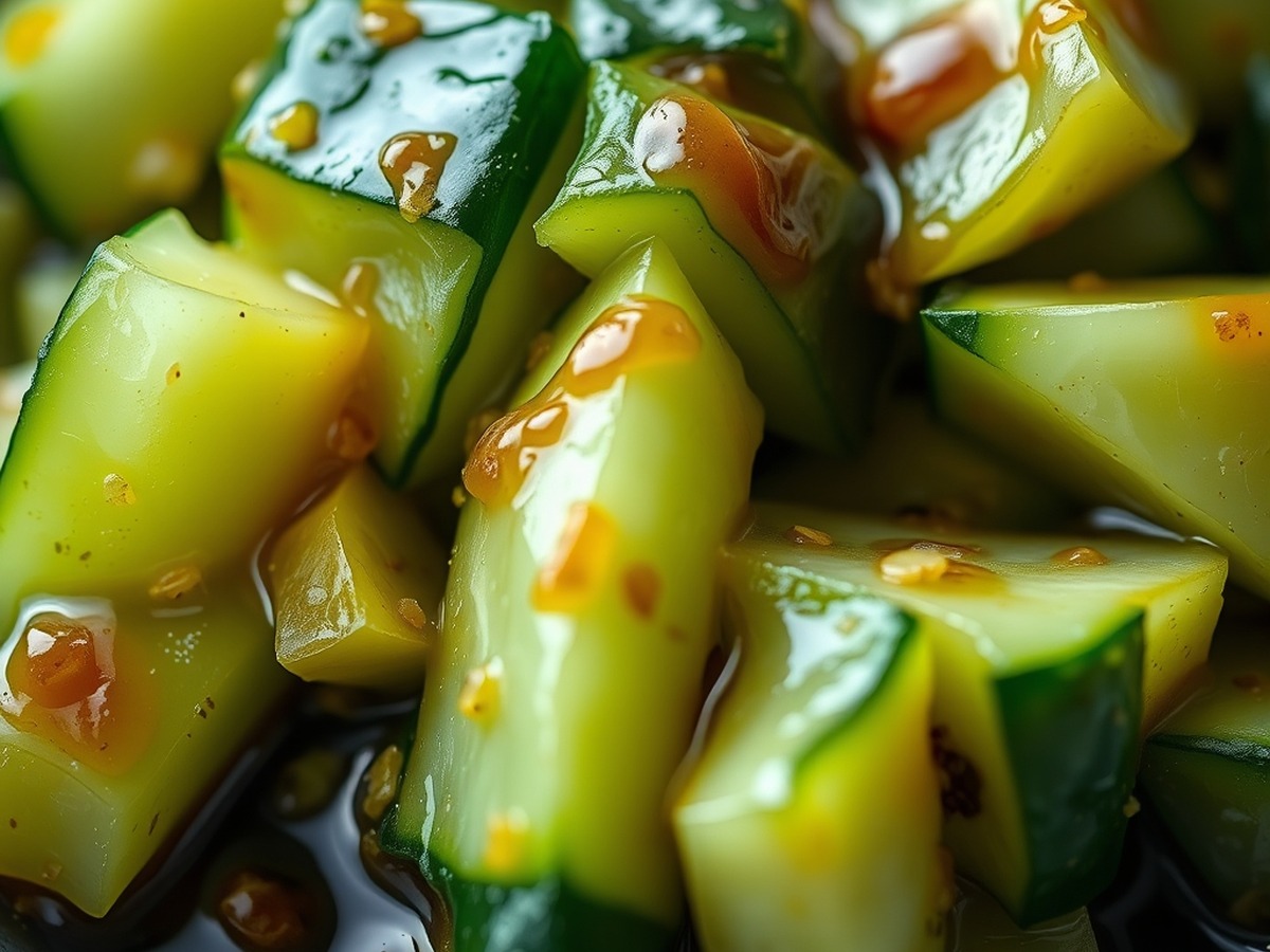 Why do you smash cucumbers in a salad? cooking technique - Macro shot of fractured cucumber pieces absorbing a rich, glossy garli