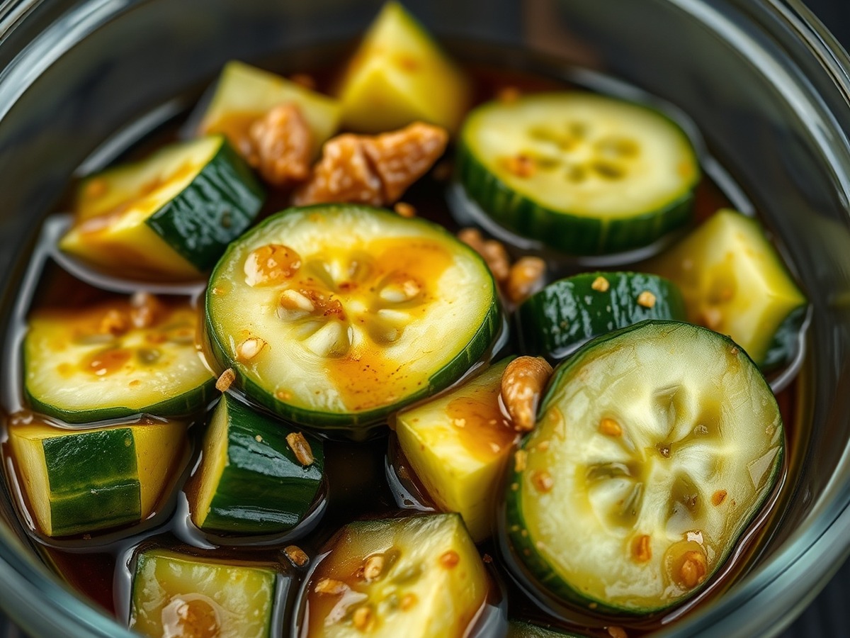 Why do you smash cucumbers in a salad? cooking technique - Detailed macro shot of bruised and fractured cucumber pieces soaking u