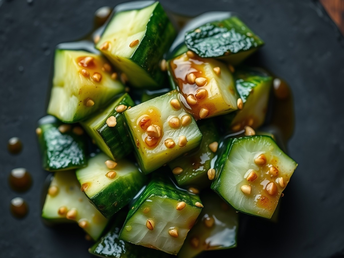 Why do you smash cucumbers in a salad? cooking technique - A detailed overhead shot of bruised, jagged cucumber chunks absorbing