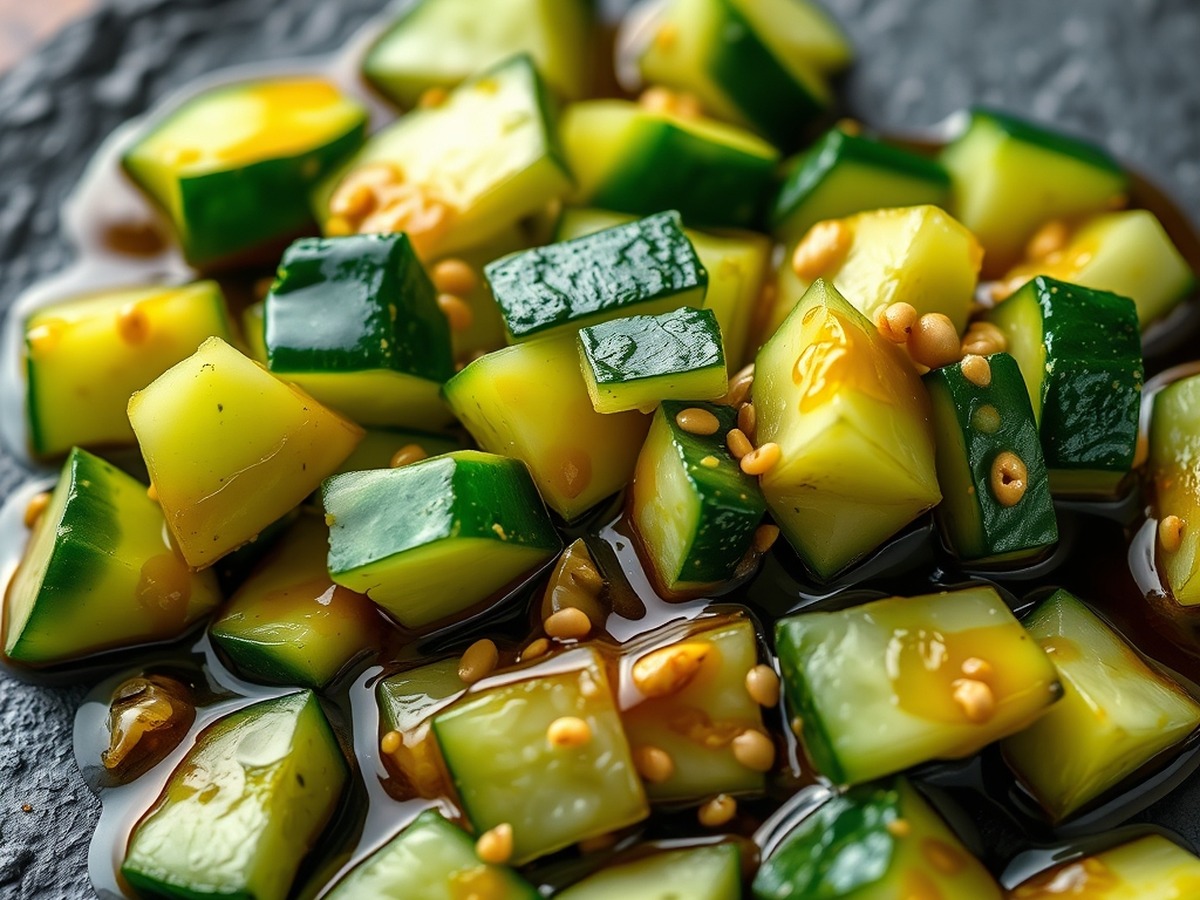 Why do you smash cucumbers in a salad? cooking technique - A detailed photo of freshly smashed cucumber chunks showing irregular