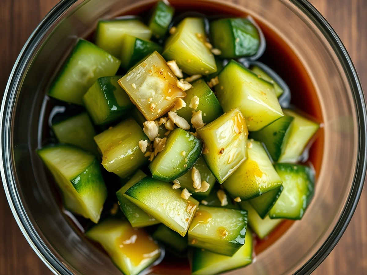 Why do you smash cucumbers in a salad? cooking technique - Detail photo of freshly smashed cucumber chunks in a glass bowl, glist
