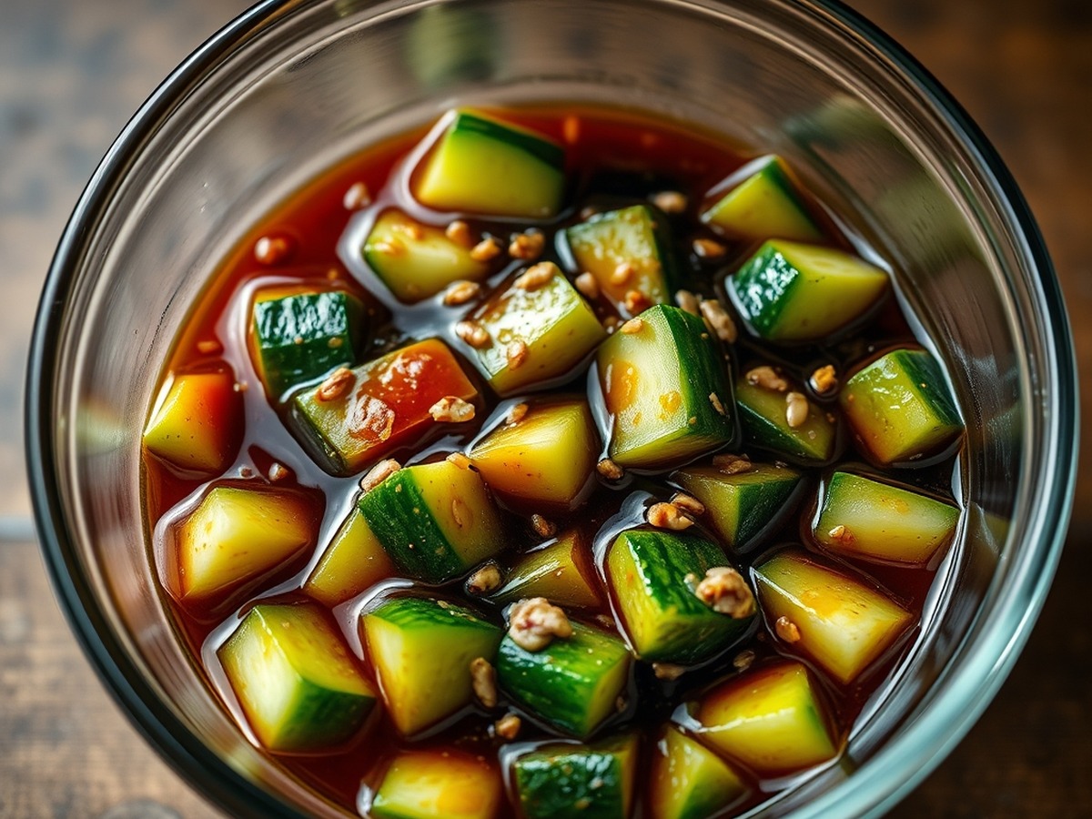 Why do you smash cucumbers in a salad? cooking technique - Detailed photorealistic photo of smashed cucumber chunks soaking in a
