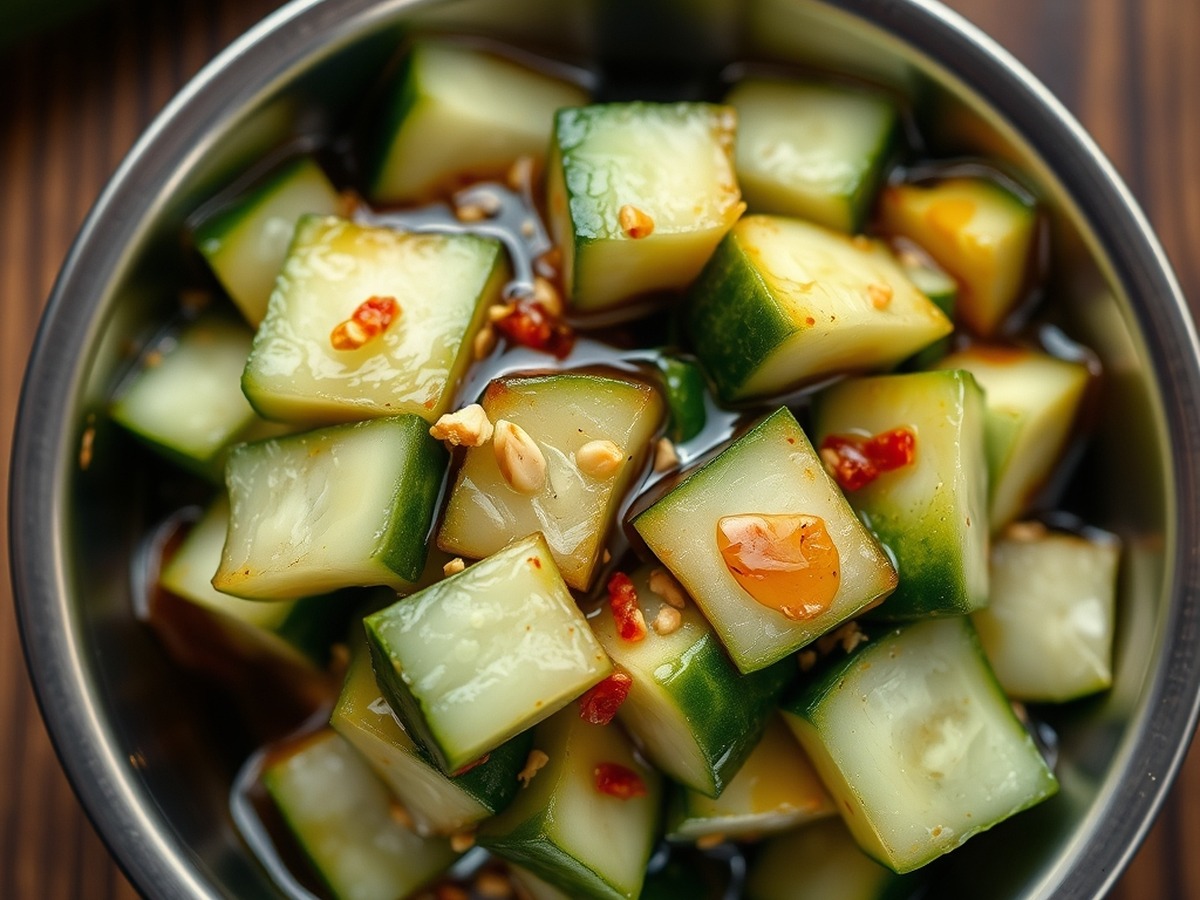 Why do you smash cucumbers in a salad? cooking technique - A detailed top-down food photograph of freshly smashed cucumber chunks