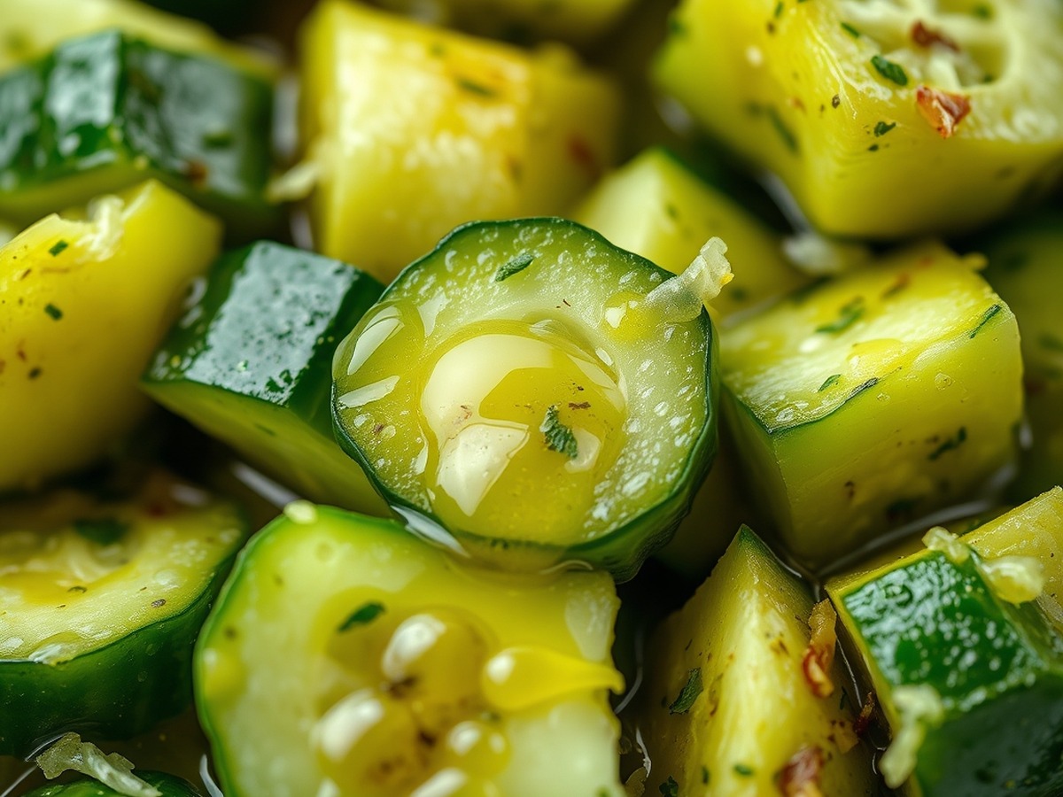 Why do you smash cucumbers in a salad? cooking technique - A detailed macro shot of smashed cucumber chunks soaking up a vibrant