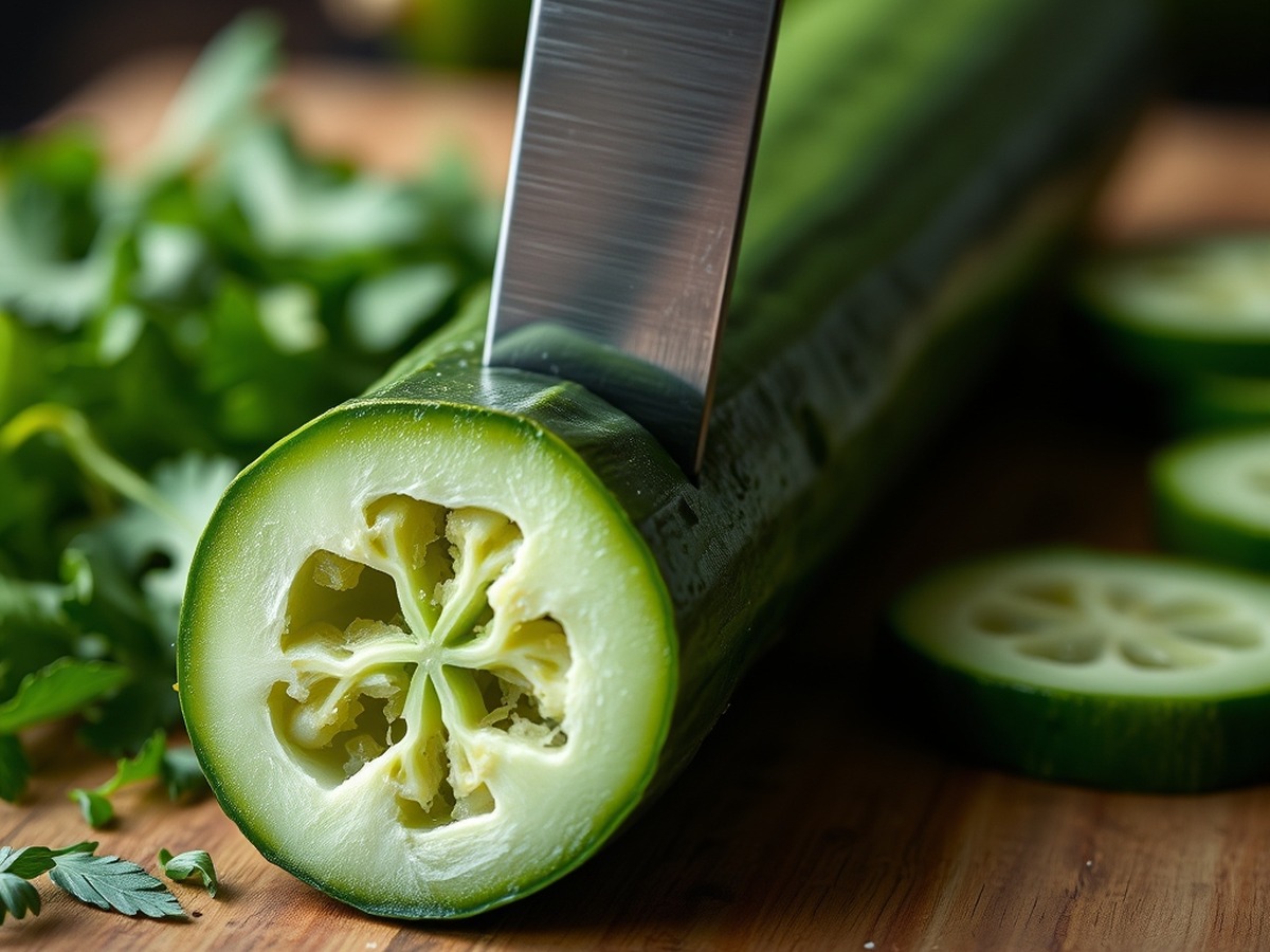 Why do you smash cucumbers in a salad? ingredient mise en place - A close-up detailed shot of a chef knife flat-side pressing down onto