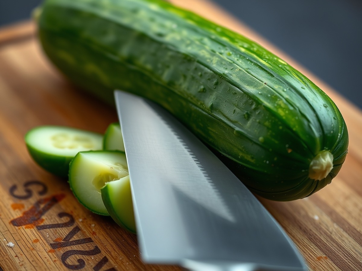 Why do you smash cucumbers in a salad? ingredient mise en place - Close up photorealistic photo of a chef's knife flat against a fresh g