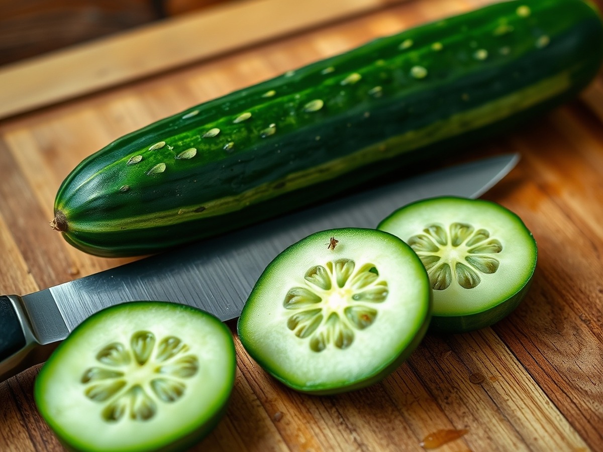 Why do you smash cucumbers in a salad? ingredient mise en place - Close up photorealistic image of a wooden cutting board with a heavy c