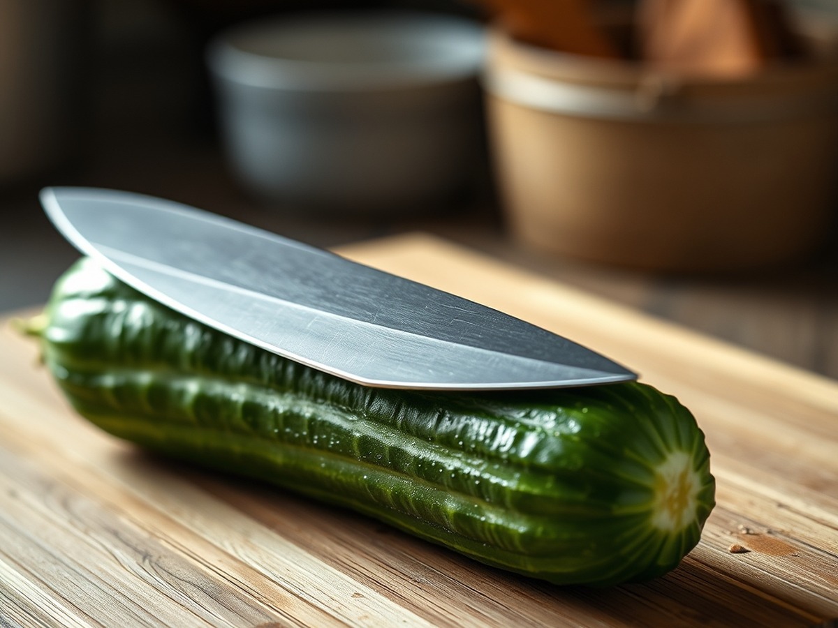Why do you smash cucumbers in a salad? ingredient mise en place - Close up photorealistic photograph of a chef's knife flat resting on t