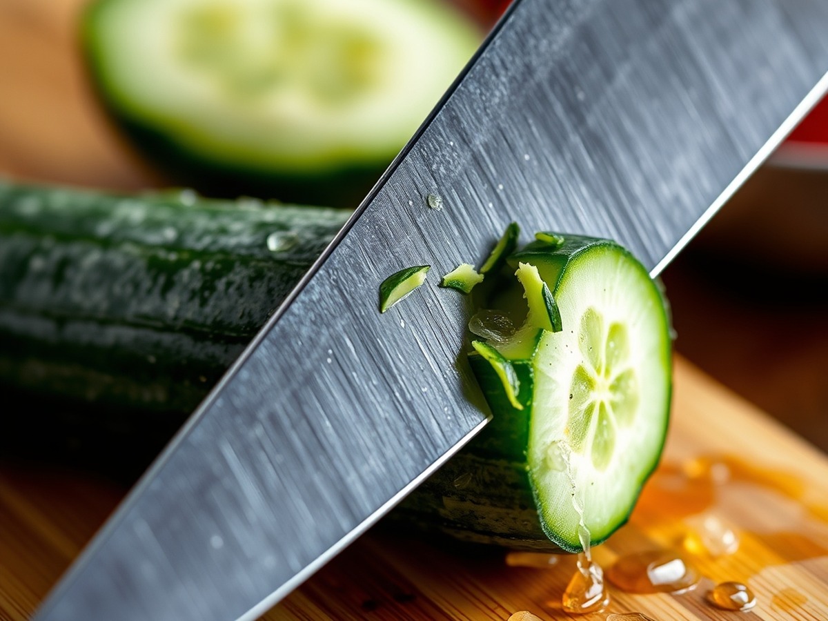 Why do you smash cucumbers in a salad? ingredient mise en place - A close-up, detailed photo showing a chef knife cracking a crisp green