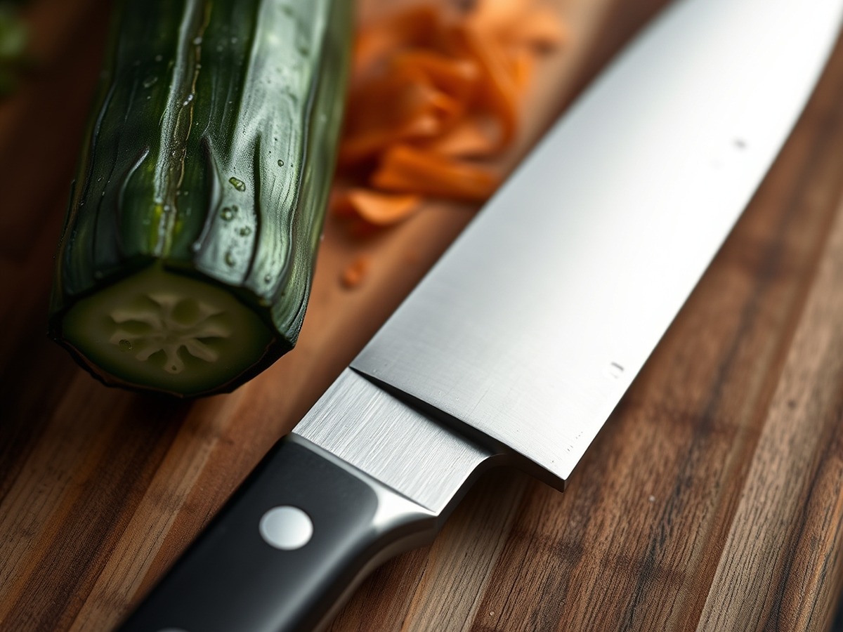Why do you smash cucumbers in a salad? ingredient mise en place - A close-up photograph of a chef knife resting next to a freshly cracke