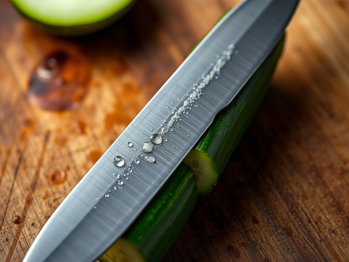 Why do you smash cucumbers in a salad? ingredient mise en place - Close up photorealistic photo of a chef knife flat resting on a fresh