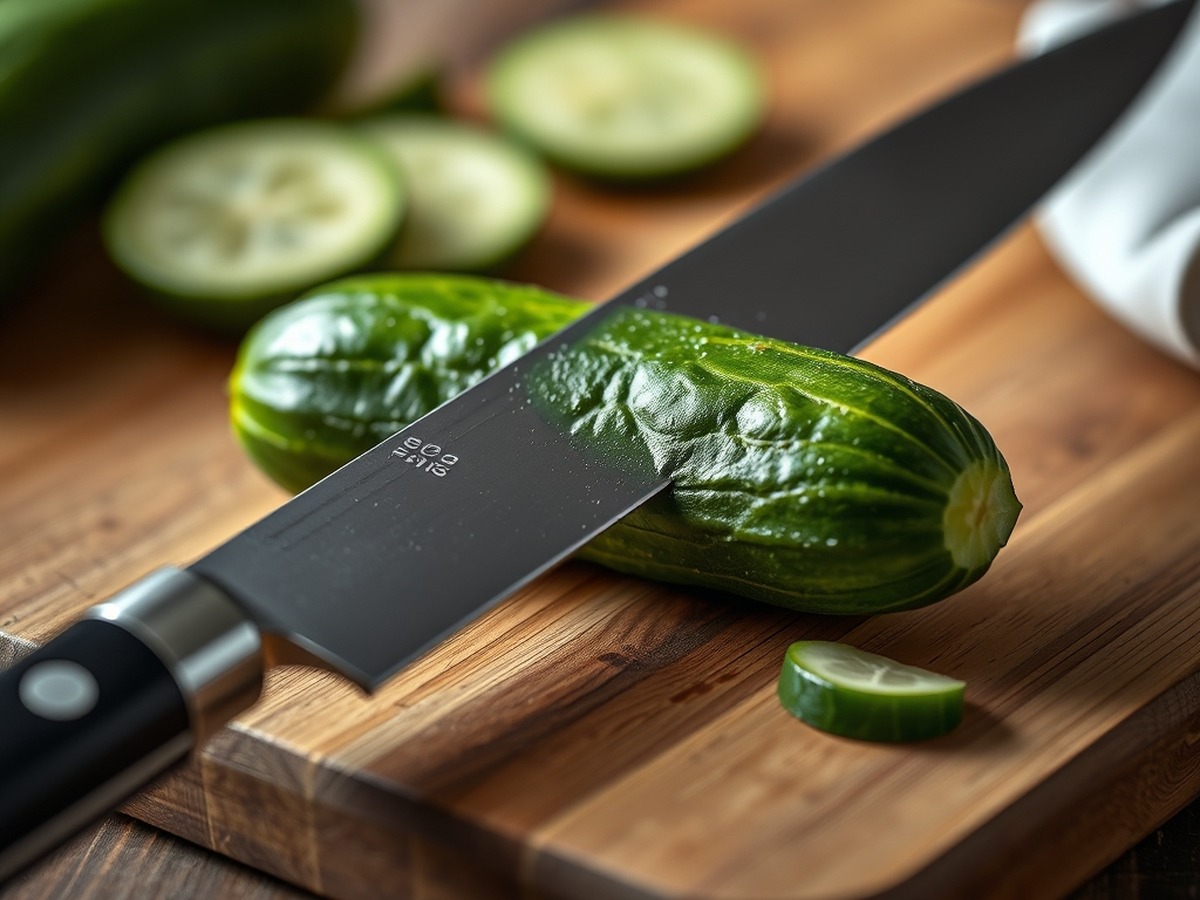 Why do you smash cucumbers in a salad? ingredient mise en place - Close-up detailed photo of a chef's knife flat against a fresh green c