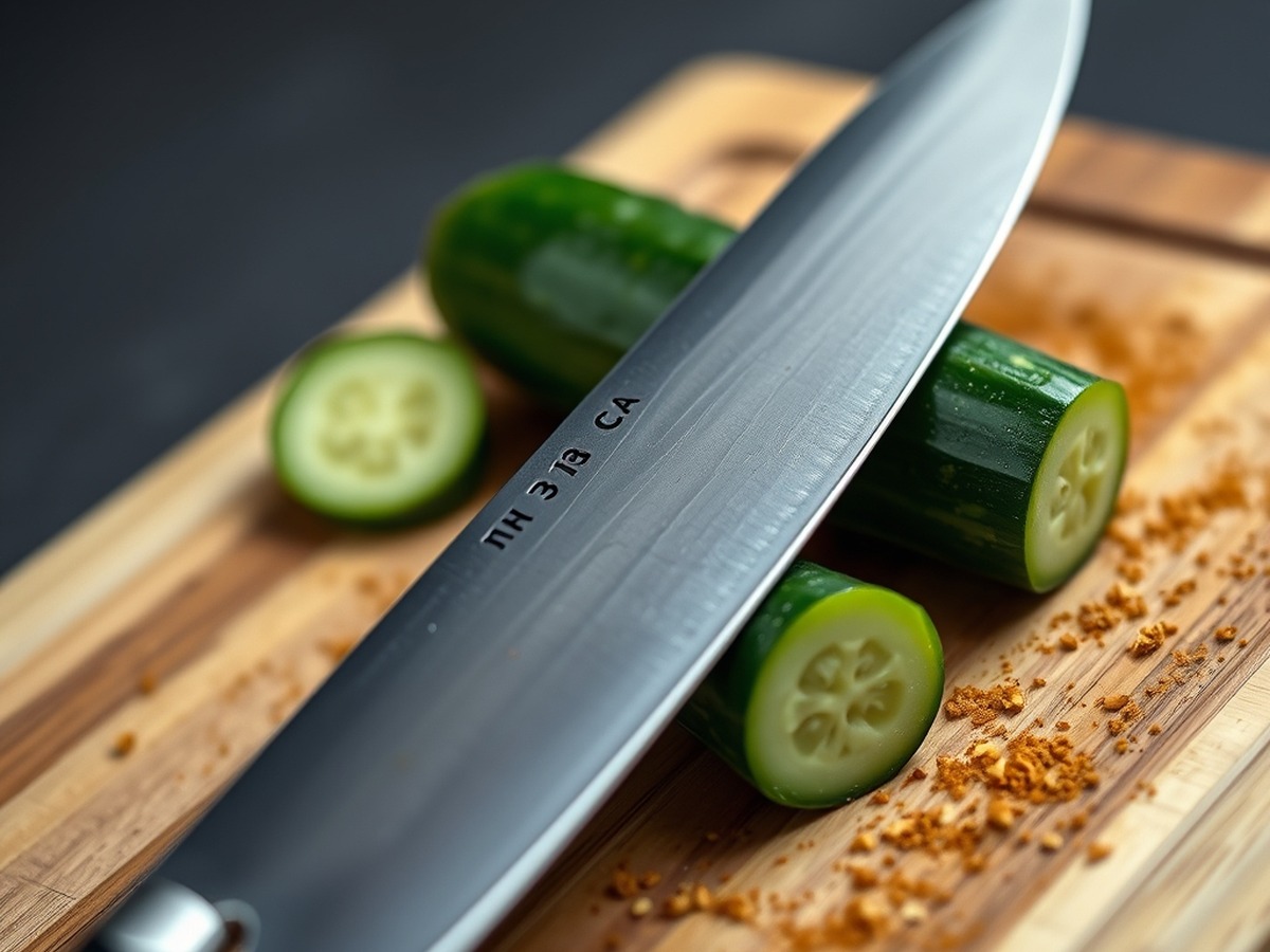 Why do you smash cucumbers in a salad? ingredient mise en place - Close up photorealistic photo of a chef knife flat on top of a green E