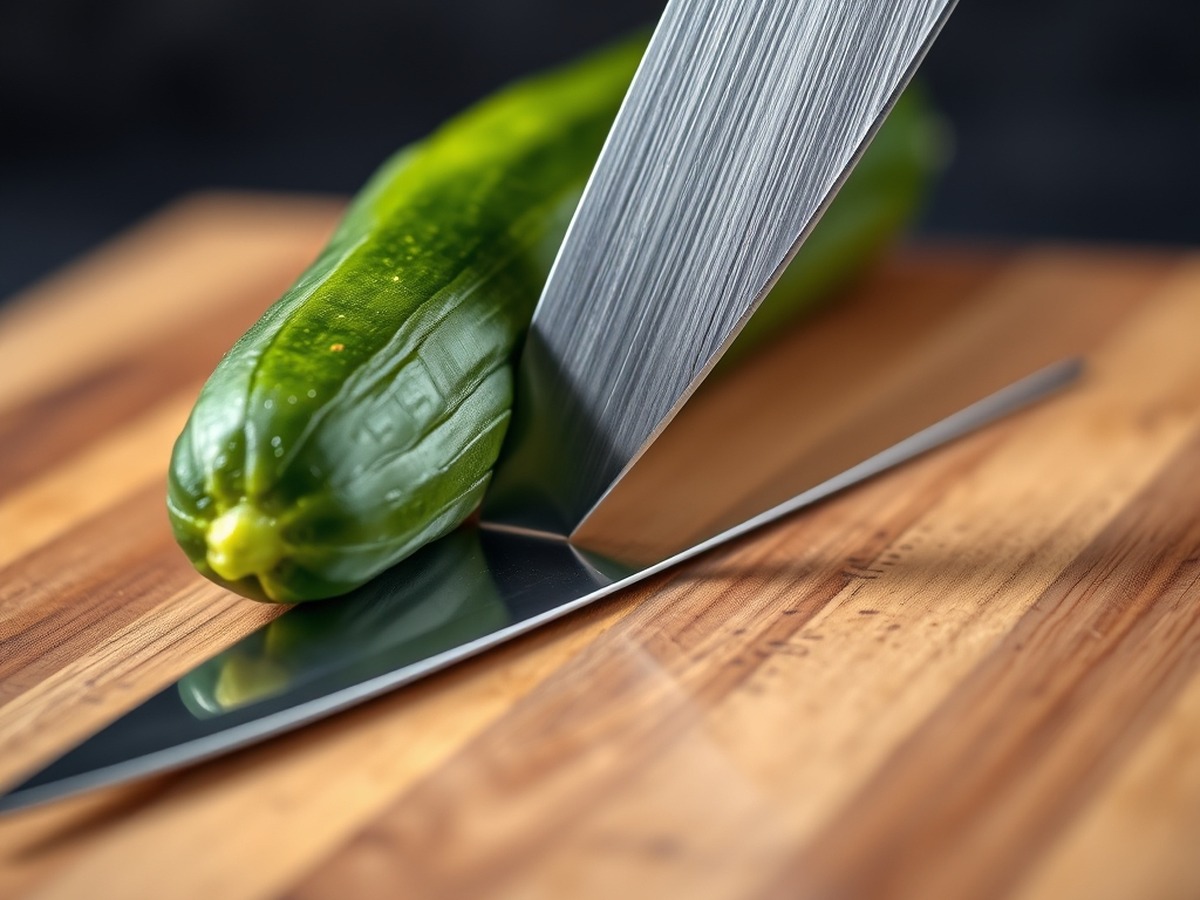 Why do you smash cucumbers in a salad? ingredient mise en place - Close up, detailed photo of a chef knife flat against a fresh green cu